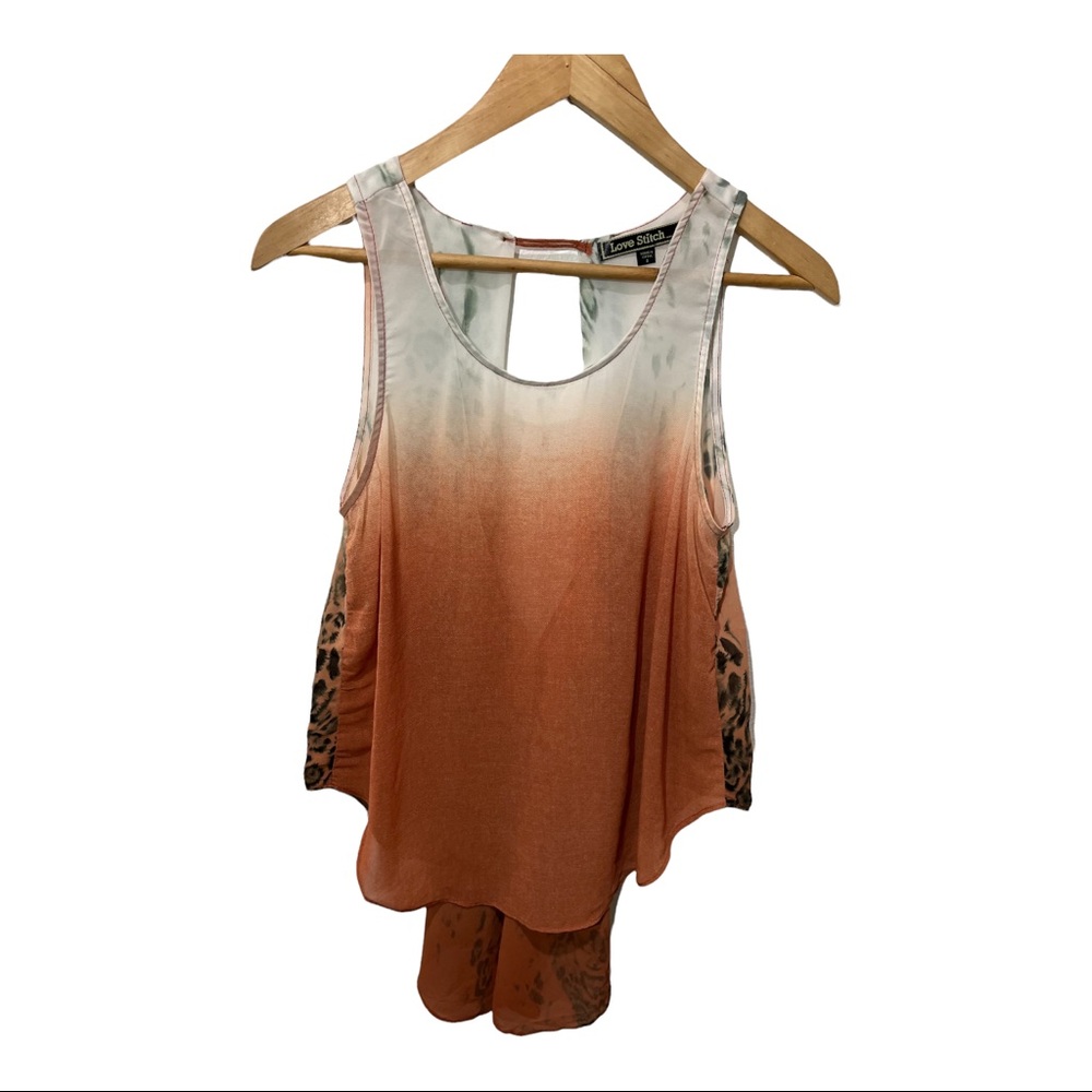 LOVE STITCH ORANGE ANIMAL PRINT SLEEVELESS SHEER HIGH LOW LONG LINE TOP